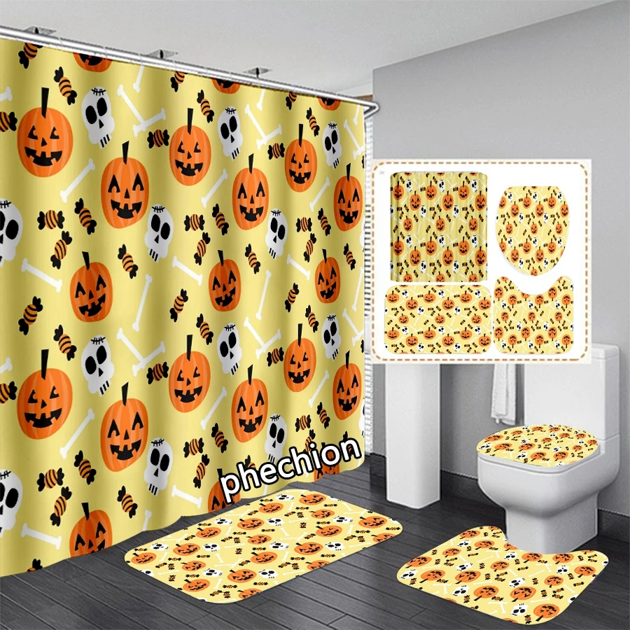 Phechion New 3D Print Halloween Pumpkin Head Shower Curtain Waterproof Bathroom Curtain Anti-slip Bath Mat Set Toilet Rugs VR229