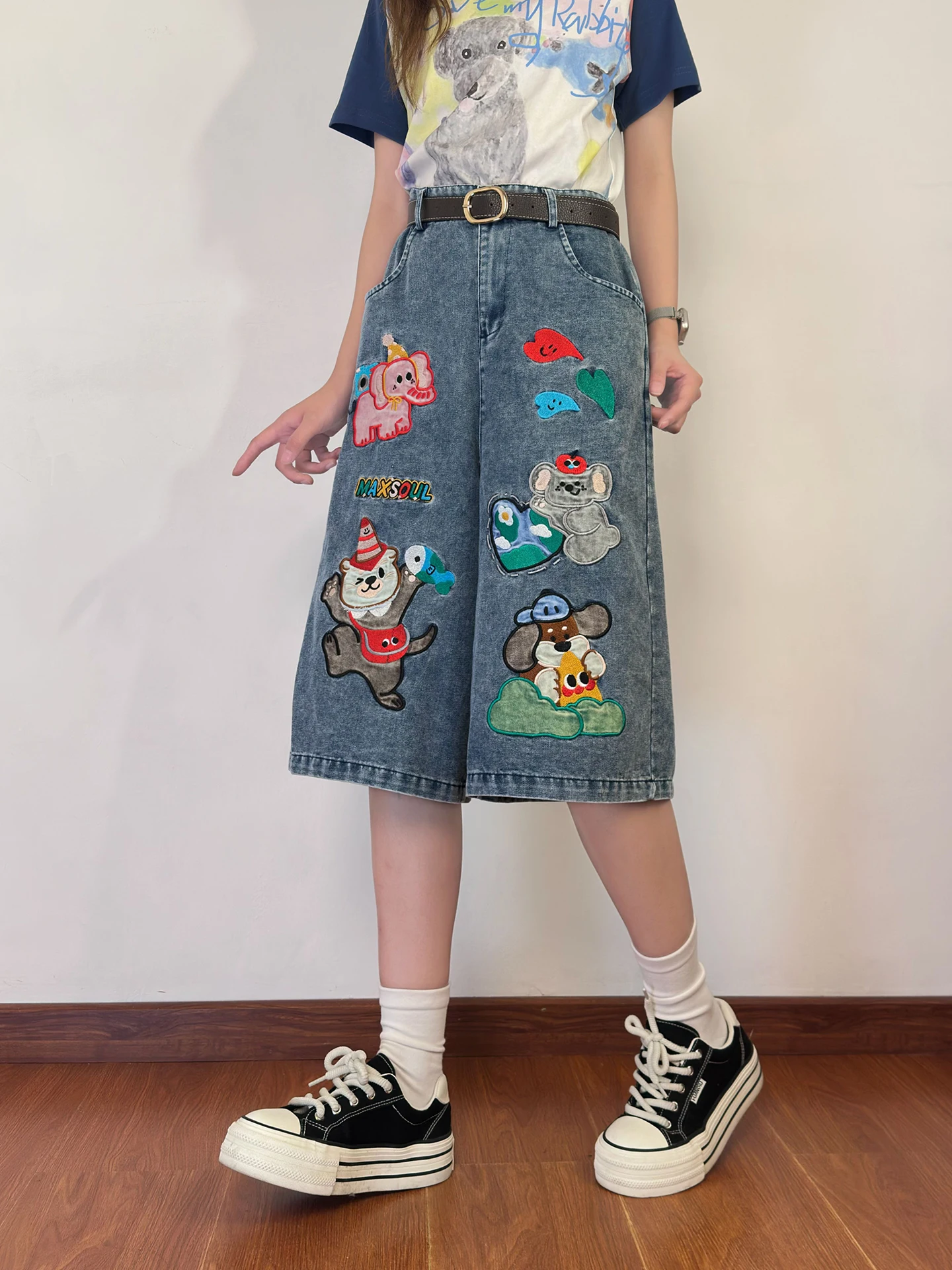 

Waed Denim ort Pants Women Loose Seven-Five Jeans Summer Original American Retro Cartoon Embroidery Comfortable Loose Fit