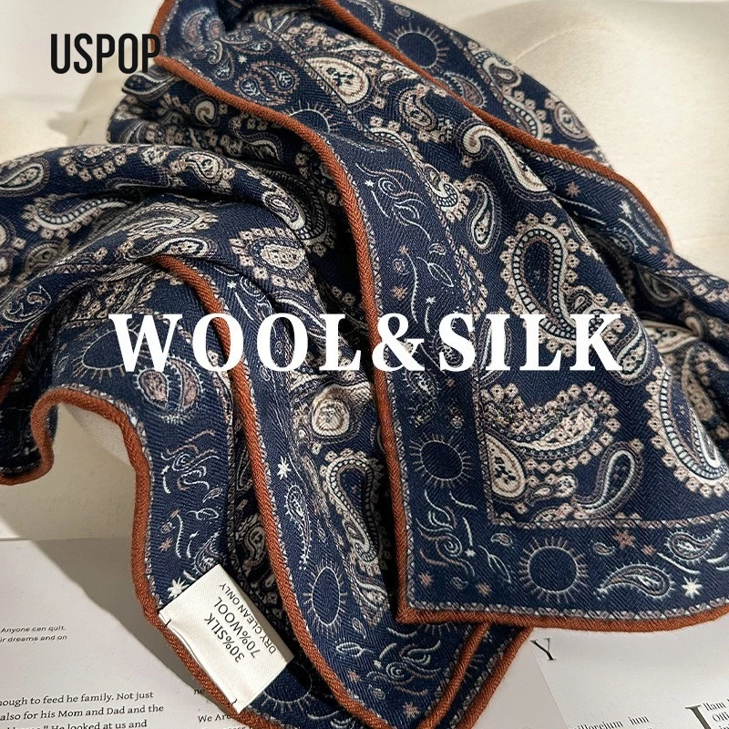 

Шелково-шерстяной шарф USPOP с психоделическим узором пейсли для женщин – осенне-зимний, темно-синий, универсальный, теплый и элегантный квадратный платок