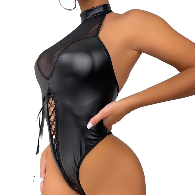2026 latest European and American sexy hollow-out strap patent leather nude shoulder one-piece erotic lingerie set