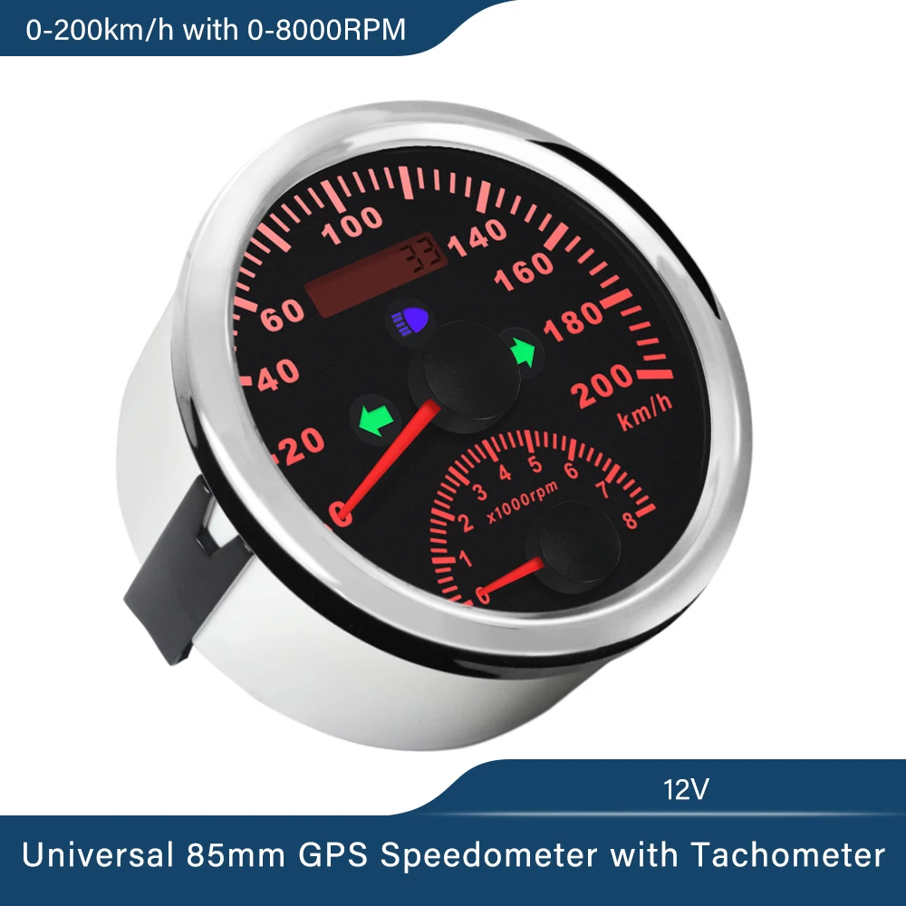 Boat Car Universal 85mm GPS Speedometer 0-200km/h with Tachometer 0-8000RPM Gauge with GPS Antenna Red Backlight 12V