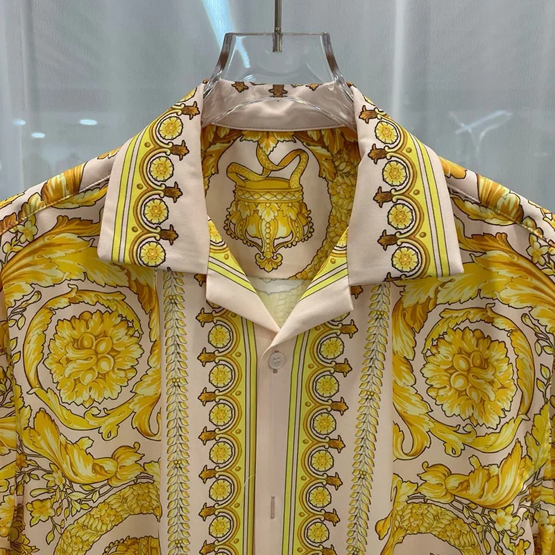 مجموعات الرجال الملكي الفاخرة نمط المحكمة 2 قطعة السراويل دعوى ملابس غير رسمية الأزهار الطباعة الرقمية قصيرة الأكمام قمصان Ropa Para Hombre