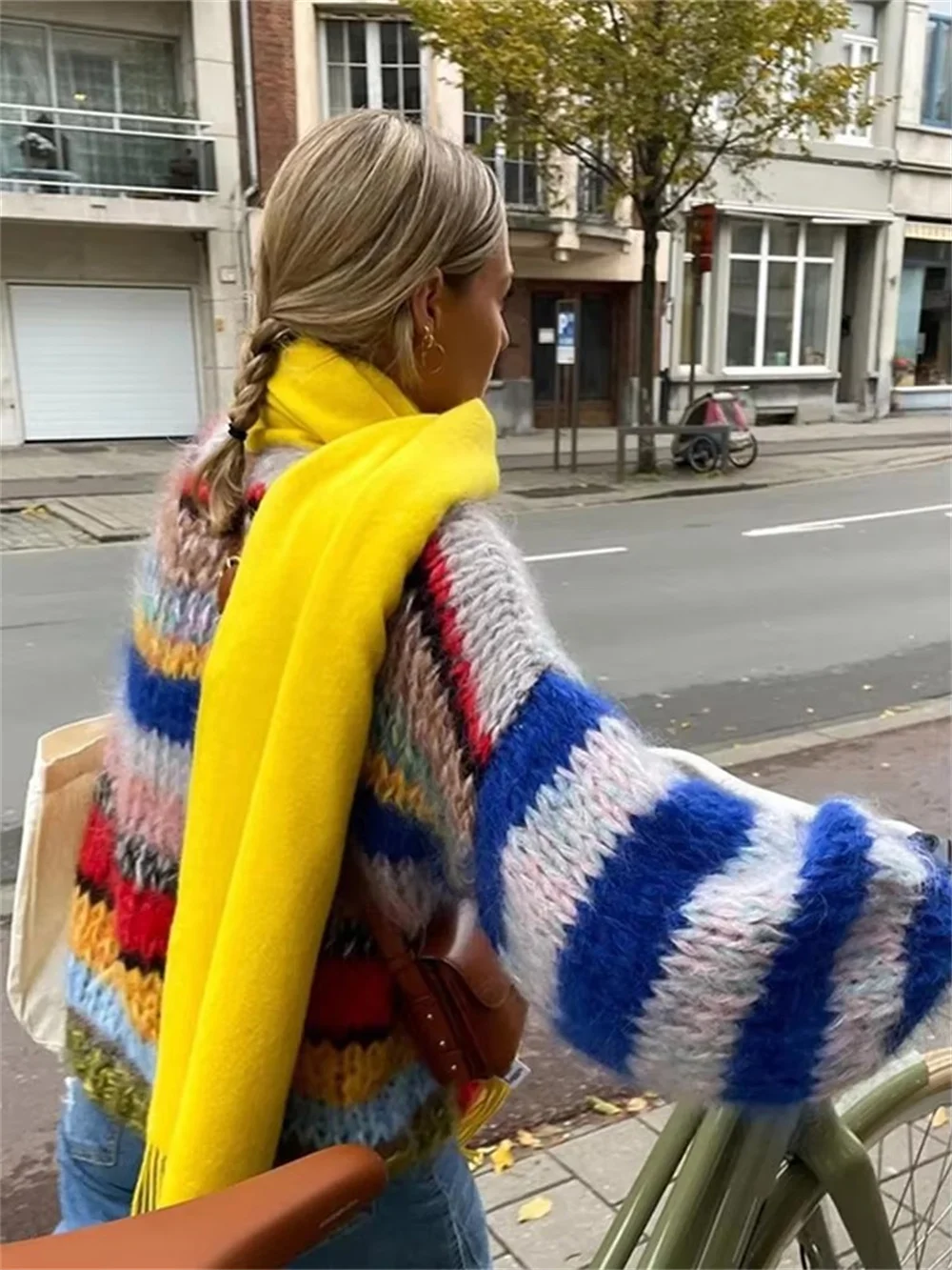 

ainbow Color Knitted Sweater Women Striped Chic Loose O-neck Warm Pullover 2024 Autumn Long Sleeve Casual Street Jumper Tops