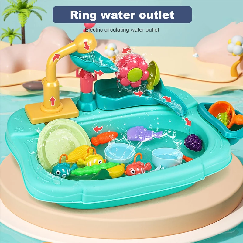 

Kids Pretend Play Kitchen Sink Toy Set Electric Running Water Dish Washing Toy with Fishing Game Role Play Toy Gift For Children