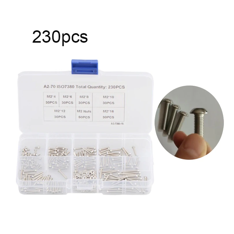 230pcs M2 304 Stainless Steel Material Allen Hex Drive Button Head Socket Cap Bolts Screws Nuts Assortment Kit with Box