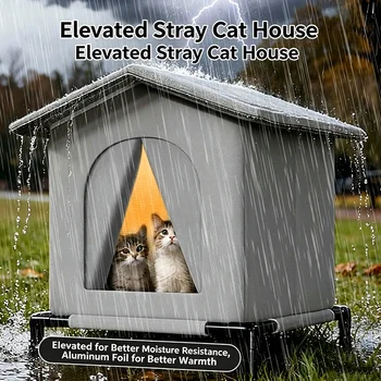 All Weather Outdoor Cat Kennel Waterproof Insulated Raised Base Summer Cool Winter Warm Stray Cat House For Small Animals 1