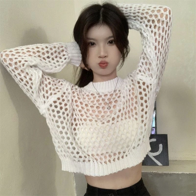 Crop Top 2023 New Fashion Sexy Summer Thin Knitted Hollow Out Women White Mesh Pullovers Chic Harajuku Oversized White Clothing