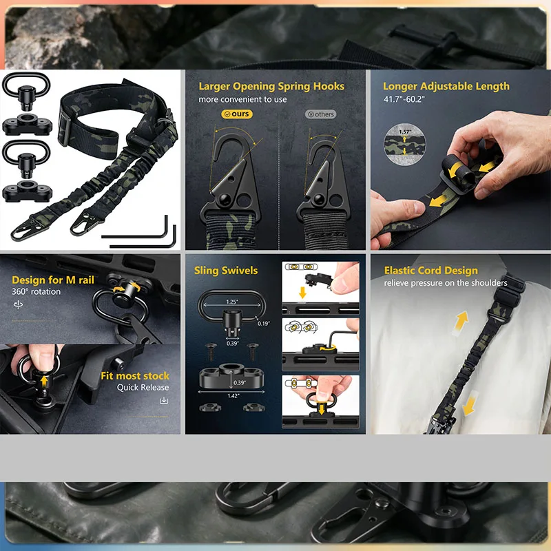 2 PCS Concealed Dark Black 2 Point Rifle Sling with 2 Mlok QD Mounts Strap Length Adjustable with Elastic Bungee Wrench Outdoor