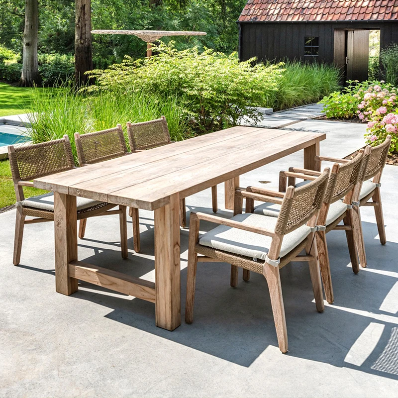 #Patio Garden Outdoor Teak Tables And Chairs Hotel Resorts Restaurant Rope Weaving Dining Chair Patio Waterproof Long Table