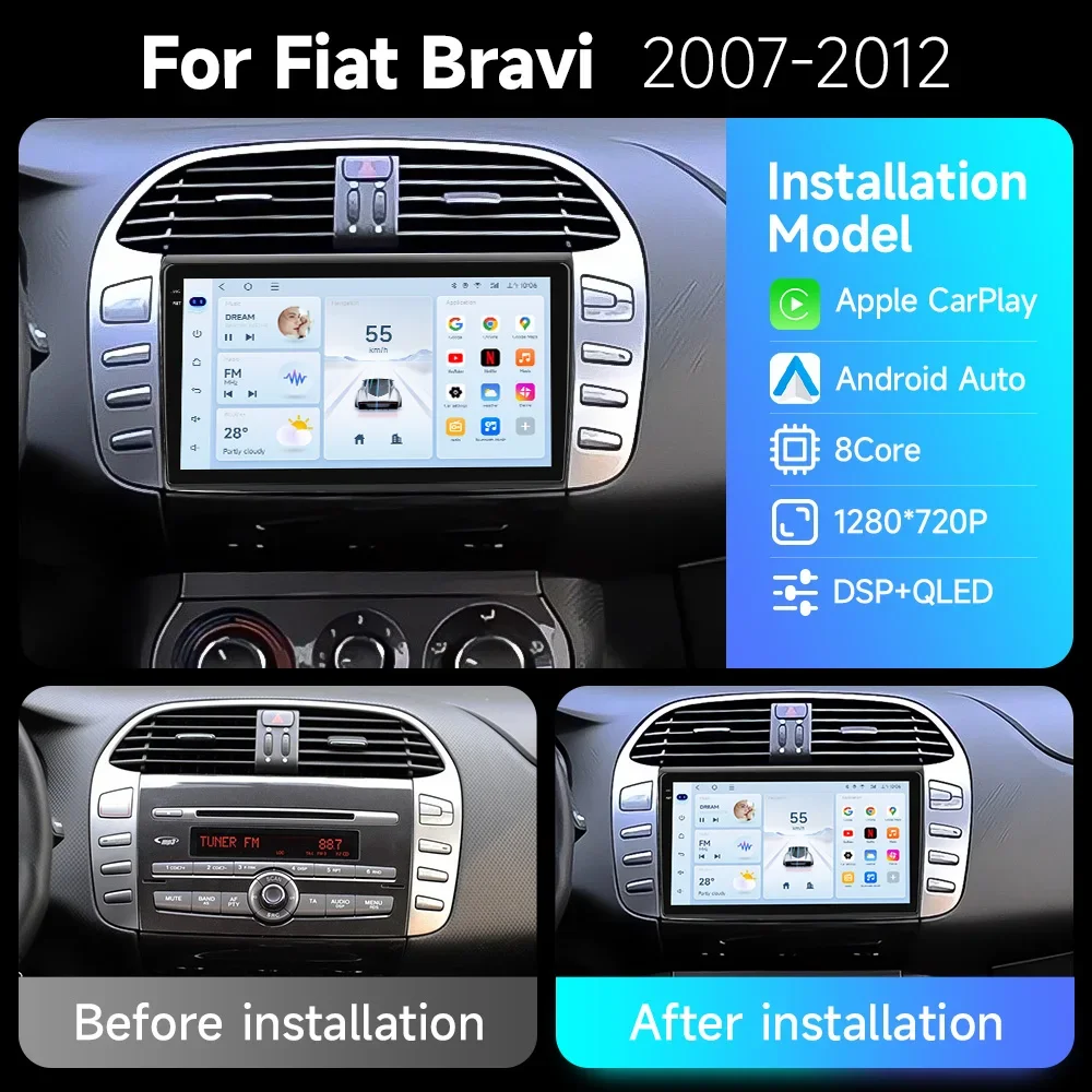 Wireless CarPlay for Apple Android Auto Radio for Fiat Bravo 2007 2008 2009-2012 Multimedia Screen Stereo GPS RDS DSP