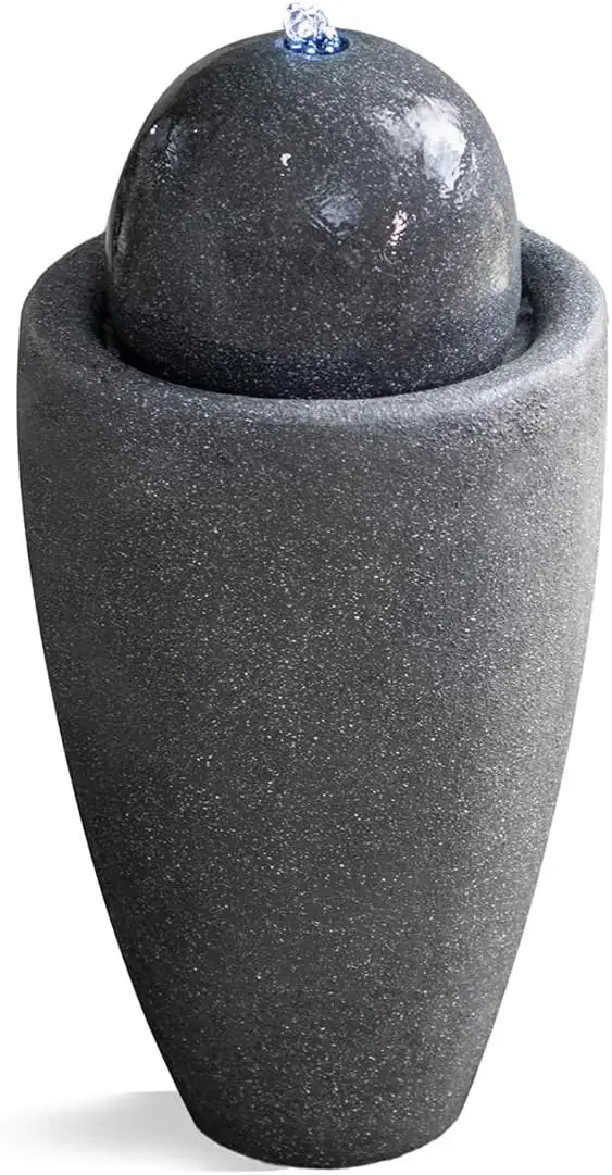 

25.98" H Blue Round Stone Indoor/Outdoor Modern Sphere Water Fountain w/LED Lights – Ball Bubbling Fountain Décor for Garden, Pa
