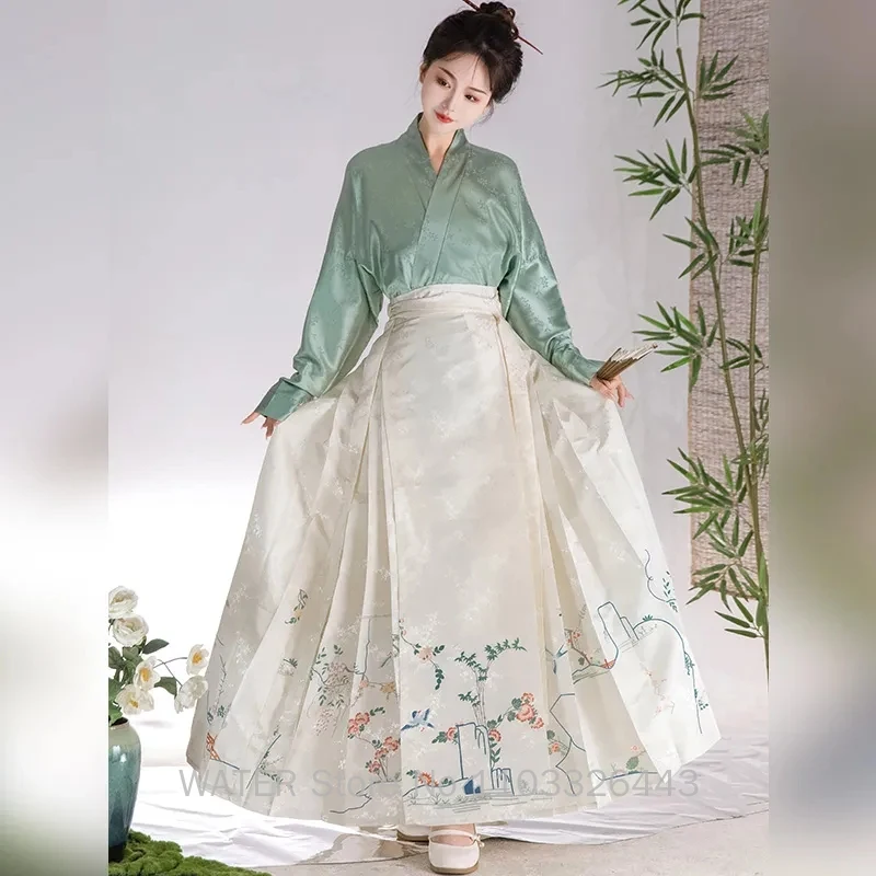 WATER Horse Face Skirt Hanfu Mamianqun Skirts Women's New Chinese Traditional White Ming Dynasty Print Dresses Spring and Autumn