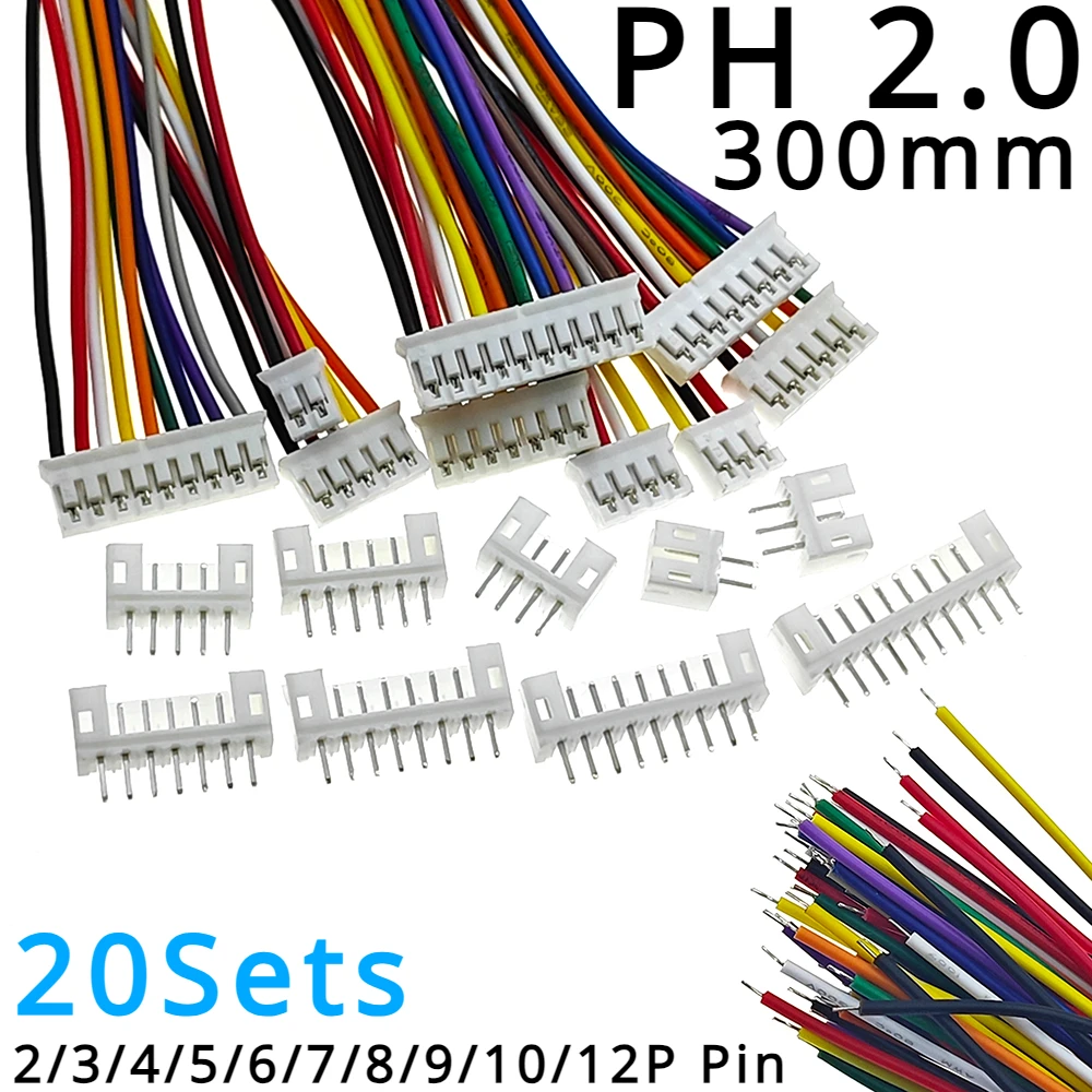 

20Sets PH 2.0mm JST 2/3/4/5/6/7/8/9/10/12P Pin Female Wire Straight Plug L:300mm