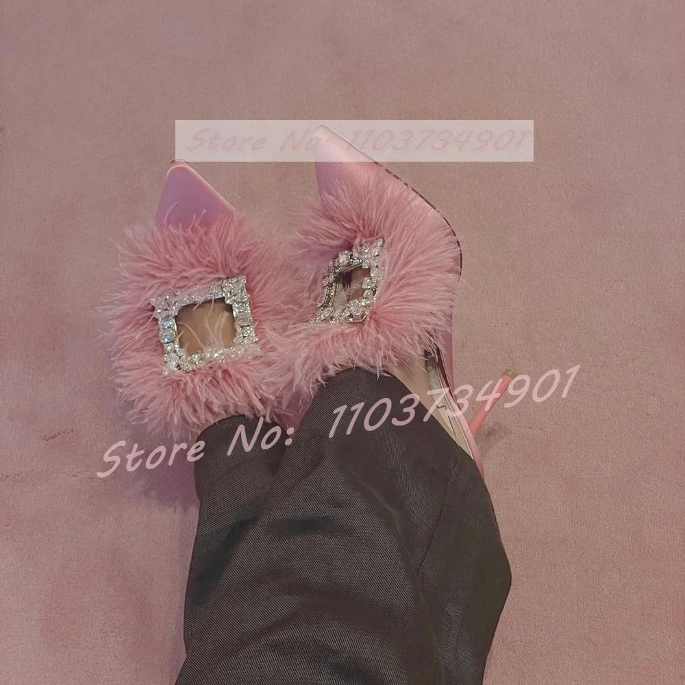 

Crystals Pink Satin Outdoor Furry Slippers Female Elegant Pointy Toe Thin Heels Mules Women Party Sexy Casual Fashion Slippers