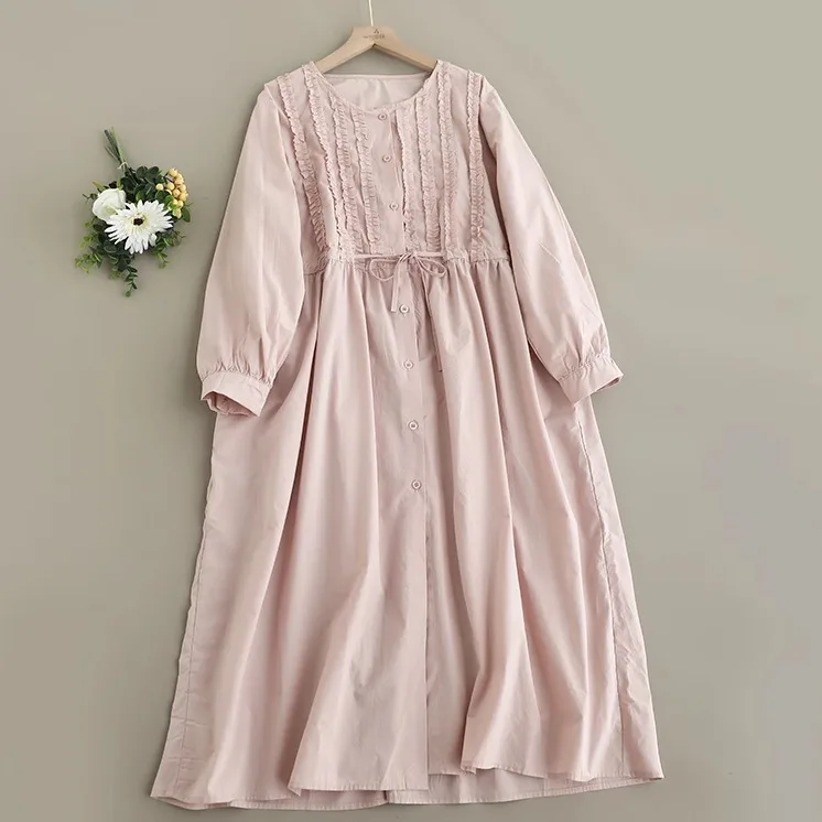 

Spring New Japanese Sweet Mori Girl Single Breasted Shirt Dress Women O-Neck Long Sleeve Solid Color Casual Loose Midi Dresses