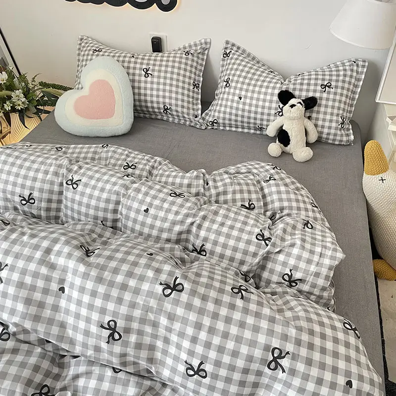 Ins Grey Duvet Cover Set Pillowcases Flat Sheet Plaid Nordic Girls Boys Queen Single Szie Hotel Home Decoration Bed Linens