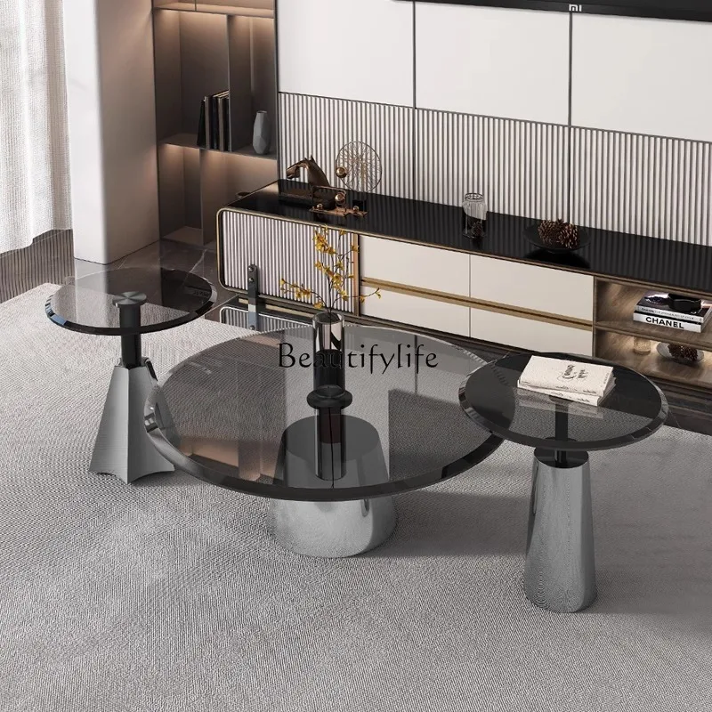 

5Round tea edge several household small apartment living room coffee table stainless steel tempered glass
