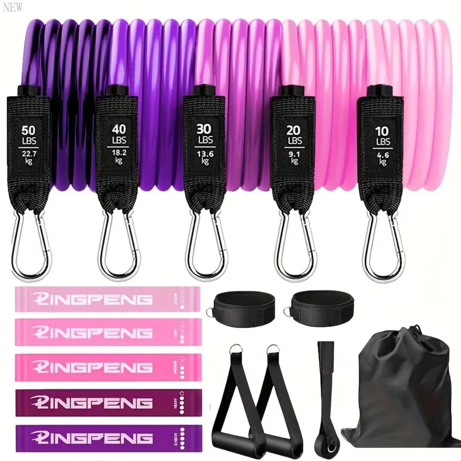 New 16Pcs Resistance Bands Set  Women, 5 Stackable Exercise with Handles, Loop Bands, Jump Rope, Ideal , Gym Fitness, Yoga, F