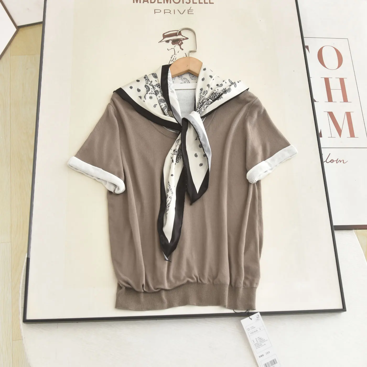 Retro 2026 Summer Knitted Short Sleeve round Neck Top with Sash for Women Casual Minimalist Style Shoulder Wrap Design