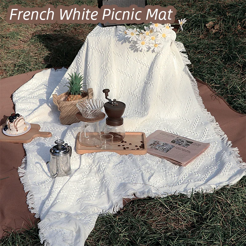 Outdoor Camping Carpet French White Picnic Mat Moisture-Proof Picnic Cloth Decorative Blanket Beach Tent Floor Mat Sofa Cover