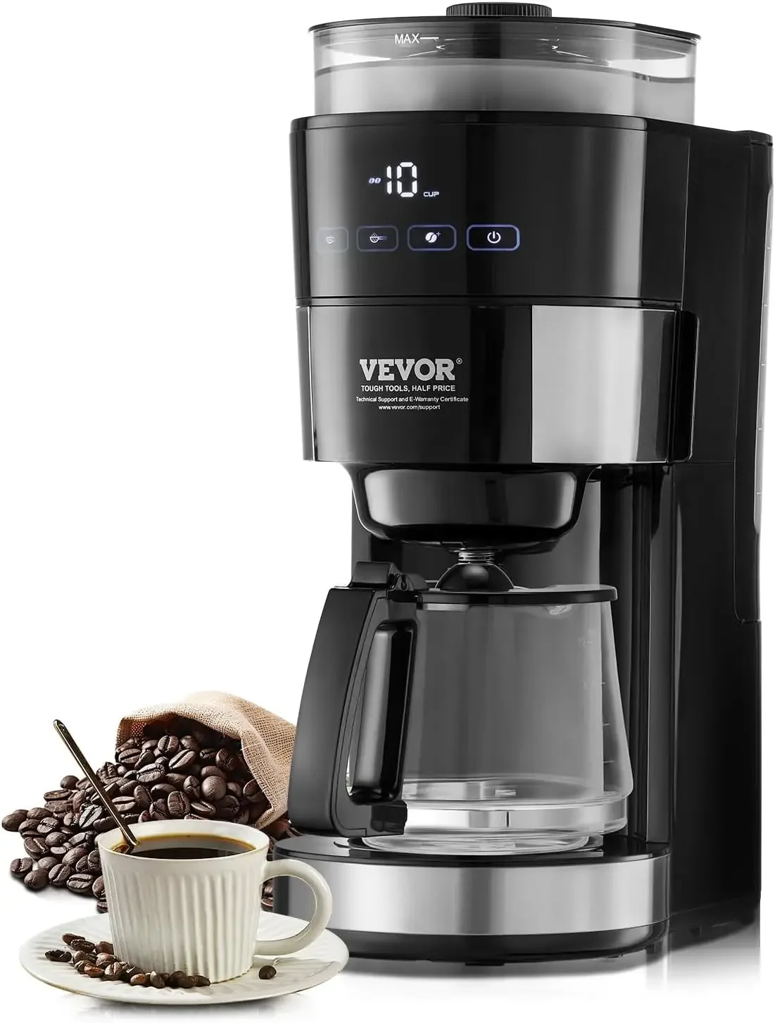 Coffee Maker with Grinder, 10 Cup Coffee Machine, Grind and Brew Coffee Maker with 3 Brew Strength Control