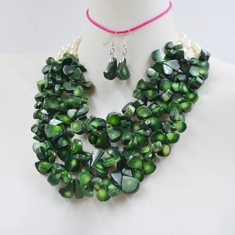 Fashion. Beautiful 3 row natural green coral white pearl necklace earring set. Women's Wedding Anniversary Jewelry