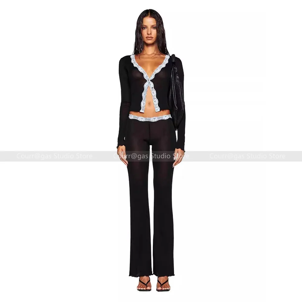 

Early autumn new V-neck collision lace lace button cardigan top + sexy semi-transparent slightly spicy trousers suit