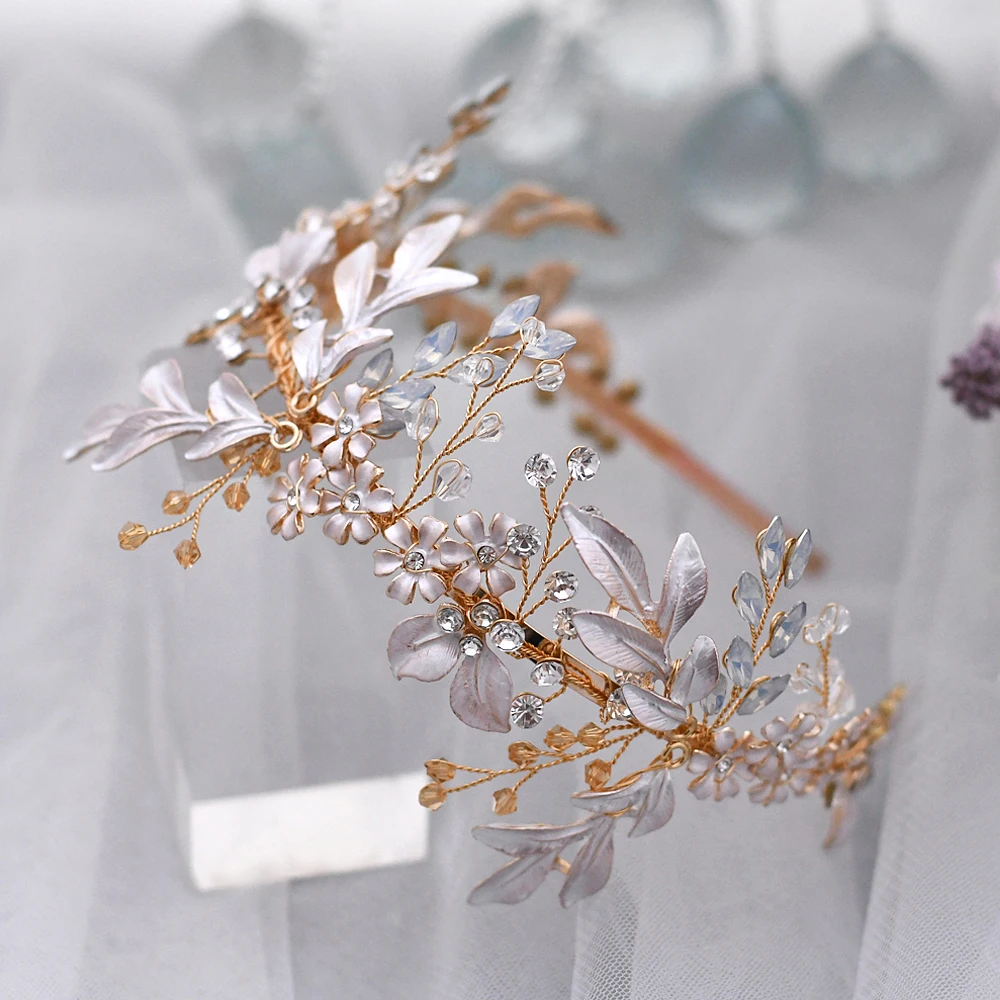 Golden Bride Headdress Glittering Milk Rhinestone Crystal Headbands For Brides Alloy Leaf Flowers Wedding Barrette Hair Hoop