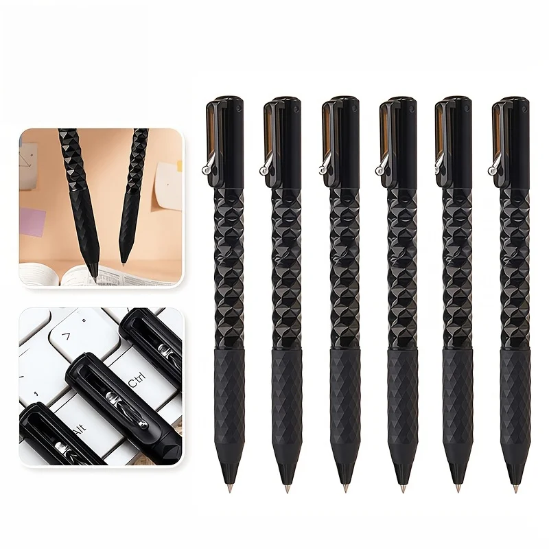 Black Diamond-Shaped 3D Pen Body, Press-Type, Non-Slip Grip, Metal Pen Clip, 0.5mm Black Ink, Suitable for Students' Practice Questions and Office Signature Pens