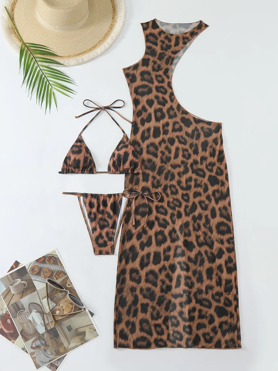 Halter Leopard plażowy narzutka na Bikini damski strój kąpielowy damski strój kąpielowy trzyczęściowy zestaw Bikini Mini mikro kostium kąpielowy