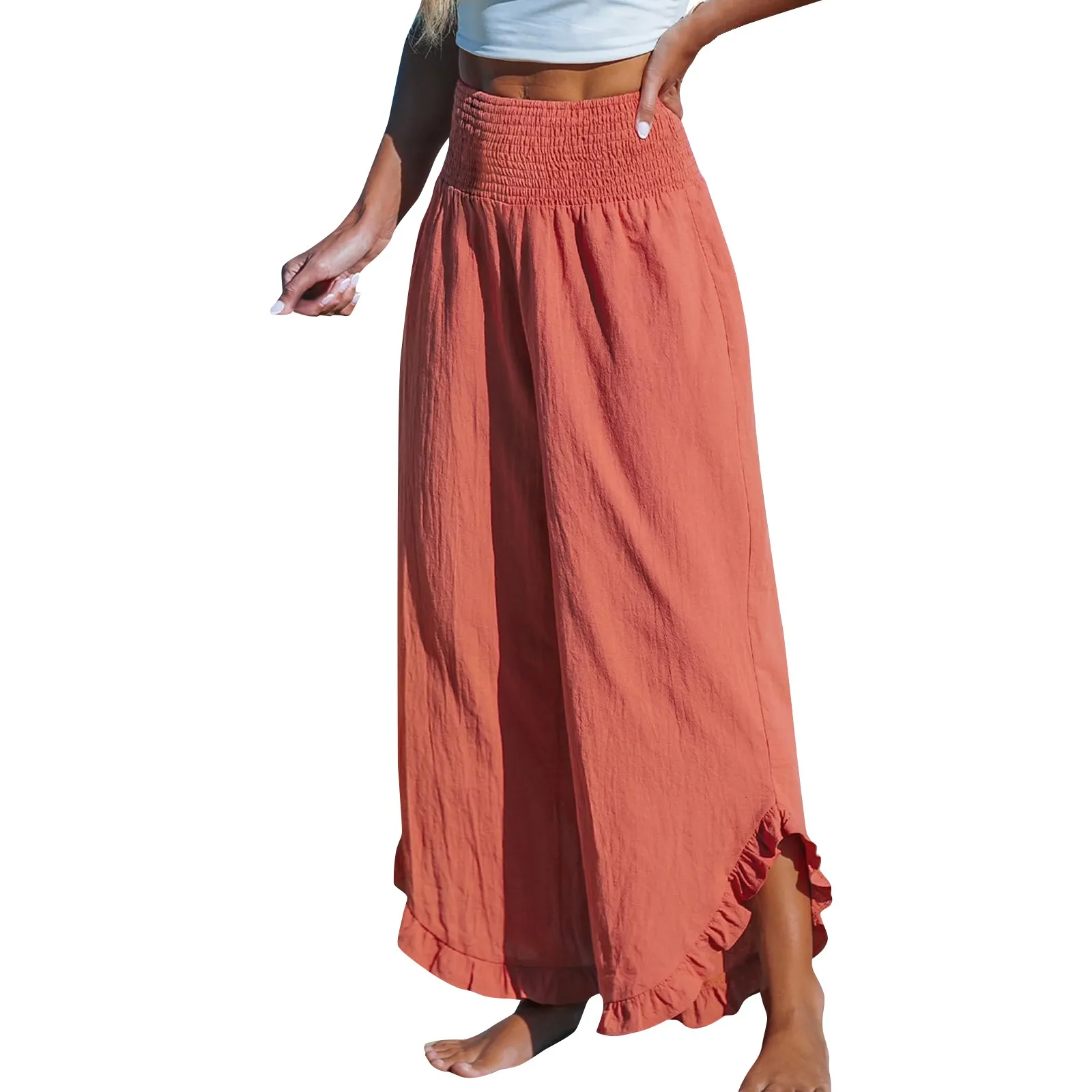 Women Boho Wide Leg Pants Cross Design Elastic High Waist Yoga Pants High Split Beach Wide Leg Pants Hippie Beach Casual Pants