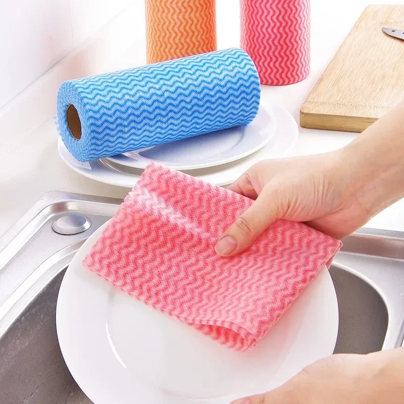 50Pcs/Roll Dishcloth Disposable Kitchen Cloth Roll Kitchen Dishcloth Cleaning Cloth Lazy Person Tear Off Non-woven Fabric