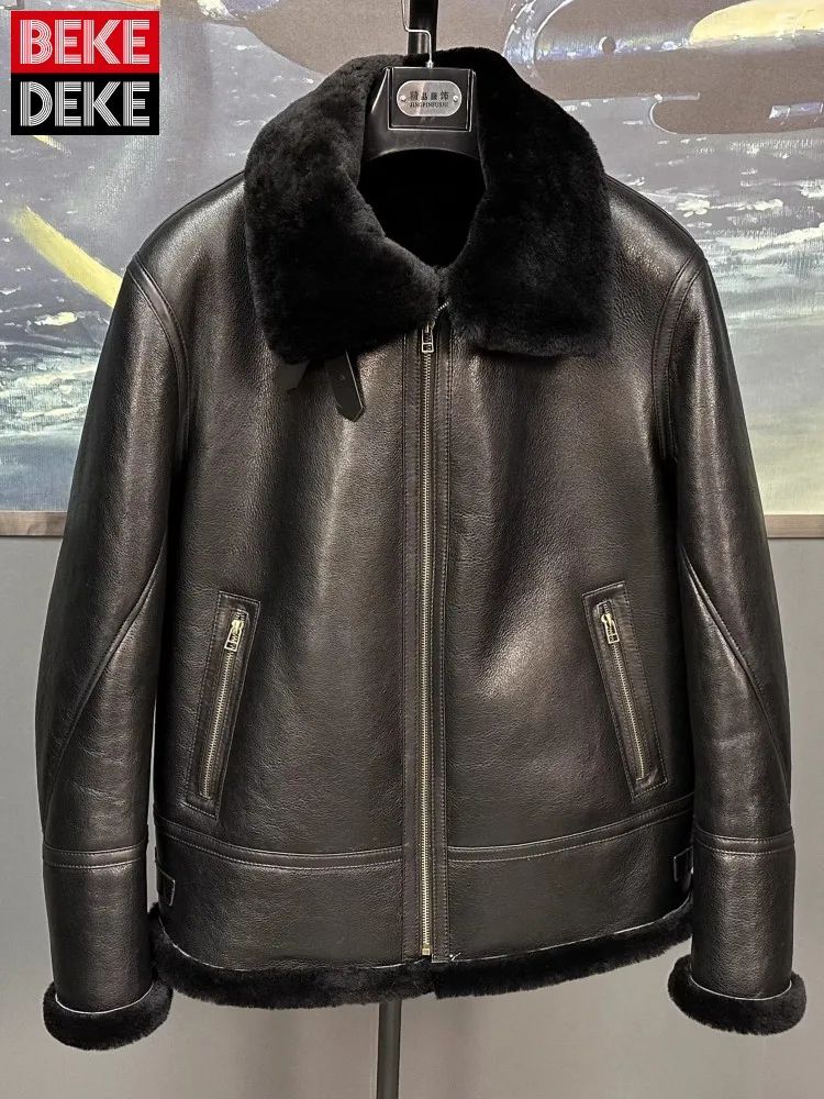 

Classic Natural Shearling Pilot Coat Men Real Fur Winter Vintage Zip Thicken Warm Wool Liner Genuine Leather Motorcycle Jackets