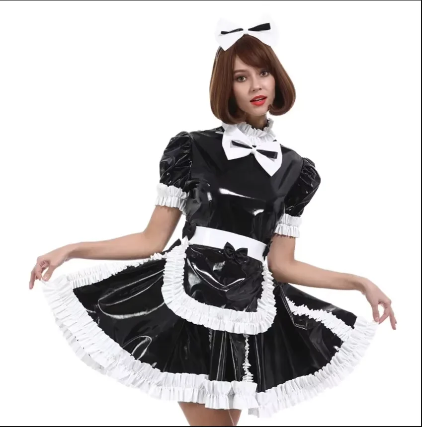 

Sissy Black and White Patchwork Dress with High Collar Pleated Bow for Locking Princess PVC Maid Costume Cosplay Customization