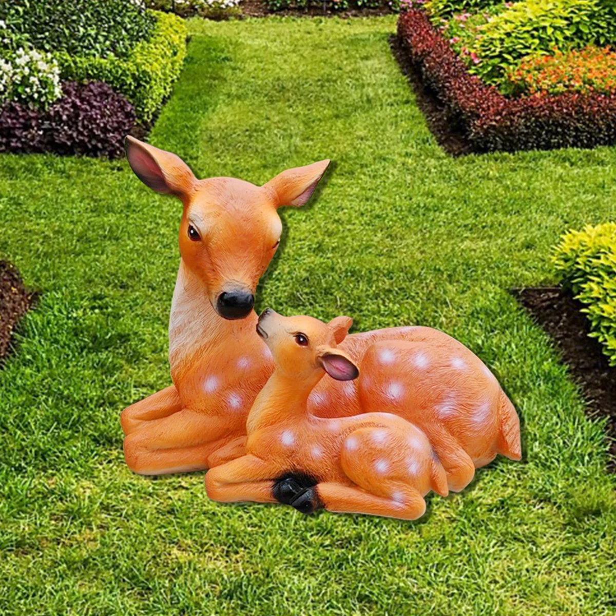 1 Set Resin Deer Figurine For Garden, Lifelike Fawn And Doe Sculpture, Outdoor Lawn Ornament, Durable Yard Statue Decor