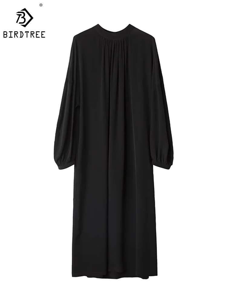 

Birdtree 18MM 100%Mulberry Silk Elegant Crepe Dresses Women Long Sleeve Stand Neck Black Dress 2024 Spring Summer New D3D749QM