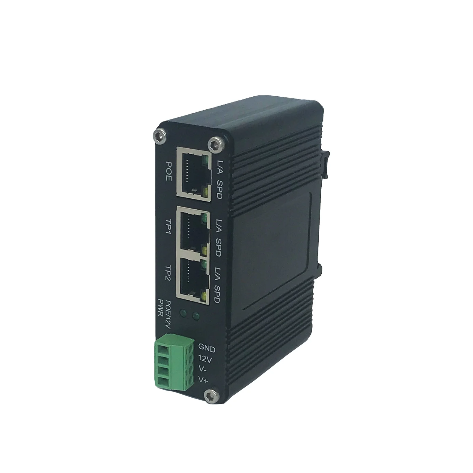 Industrial IEEE802.3af/at PoE Splitter with 2-port switch function, output voltage 12VDC