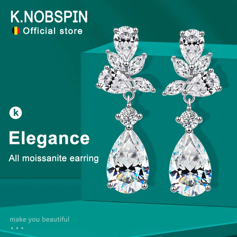 

KNOBSPIN All Moissanite Earrings for Women Wedding Party Luxury Earring Jewelry s925 Sterling Sliver Plated 18k Gold Ear Stud