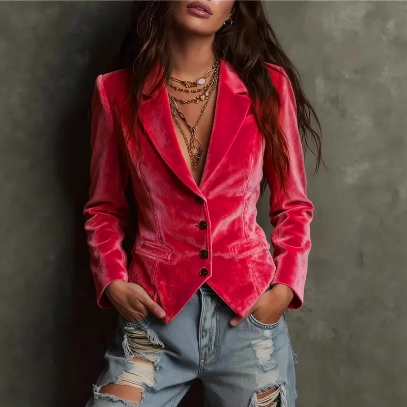 

Velvet Blazers for Women Jacket Single Breasted Suit Collar Blazer Coat Long Sleeve Street Fashion Female Outerwear