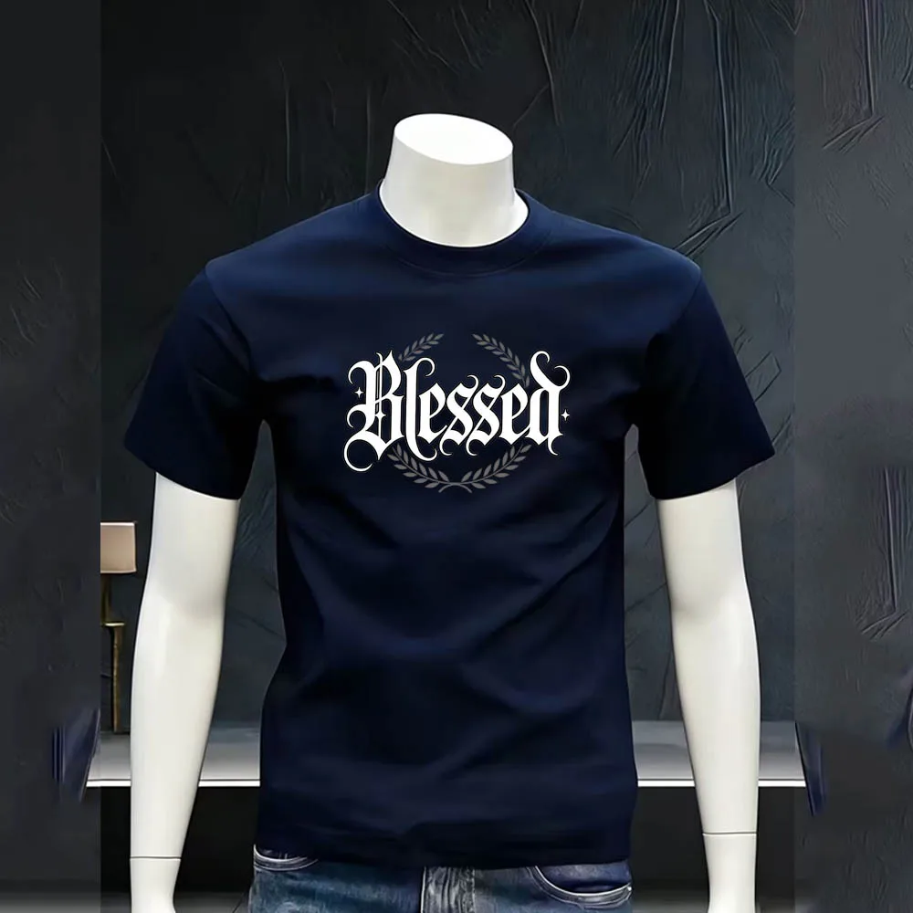 Men's Casual Fashion T-Shirt Street Style Blessed Letter Wreath Print Comfortable Wear for Adults