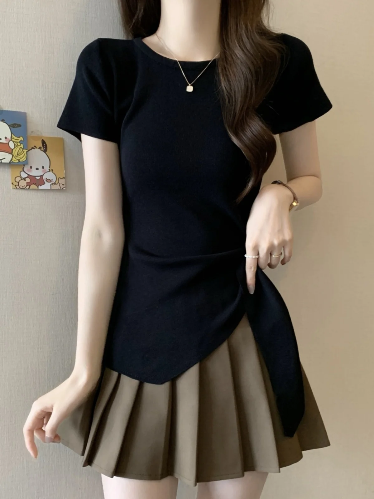 Slim Fit Ice Silk T-Shirt Women's Summer Large Size Base Shirt Fat MM Slimming Belly Covering Waist Cinching Belted Top