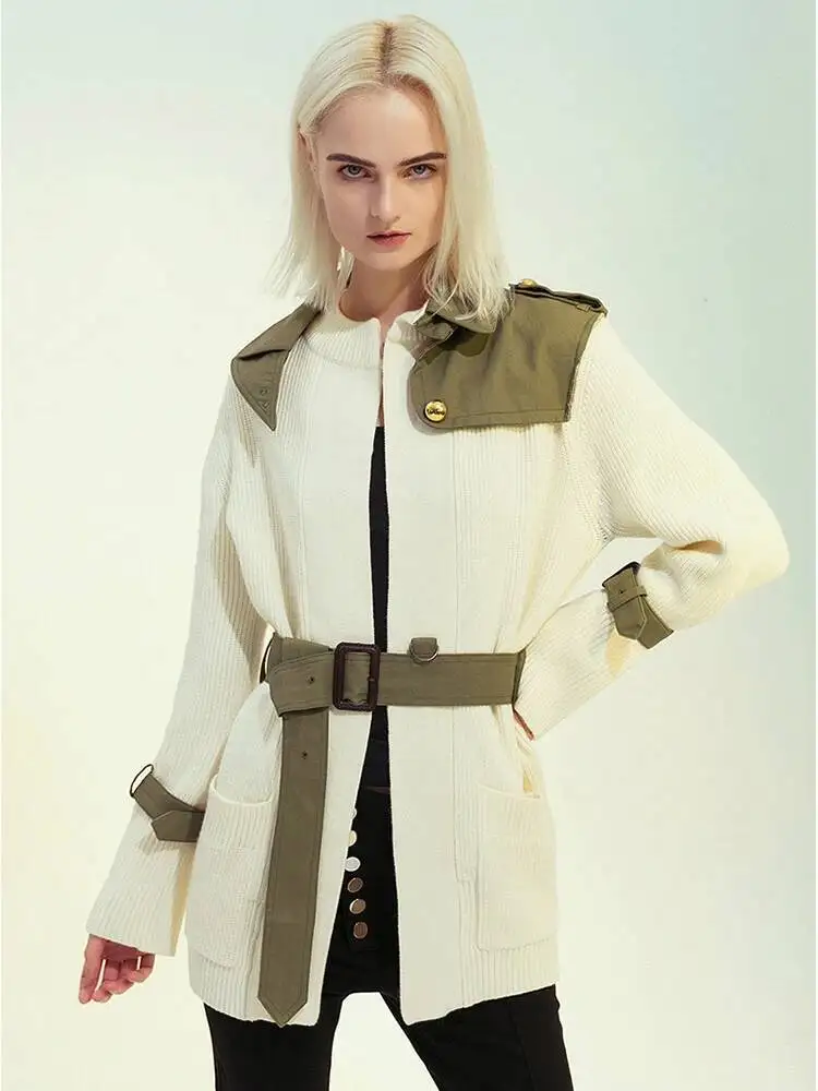 

Beige Spliced Belted Knitting Cardigan Sweater Stand Collar Long Sleeve Women New Fashion Tide Spring Autumn