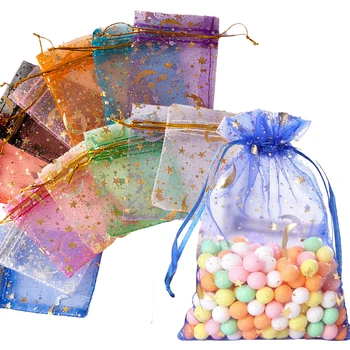 50 Stks/partij 7X9Cm Maan Ster Organza Trekkoord Tassen Zakje Voor Bruiloftsfeest Gunst Cadeau Tas Sieraden Horloge Verpakking Opslag Voorraad