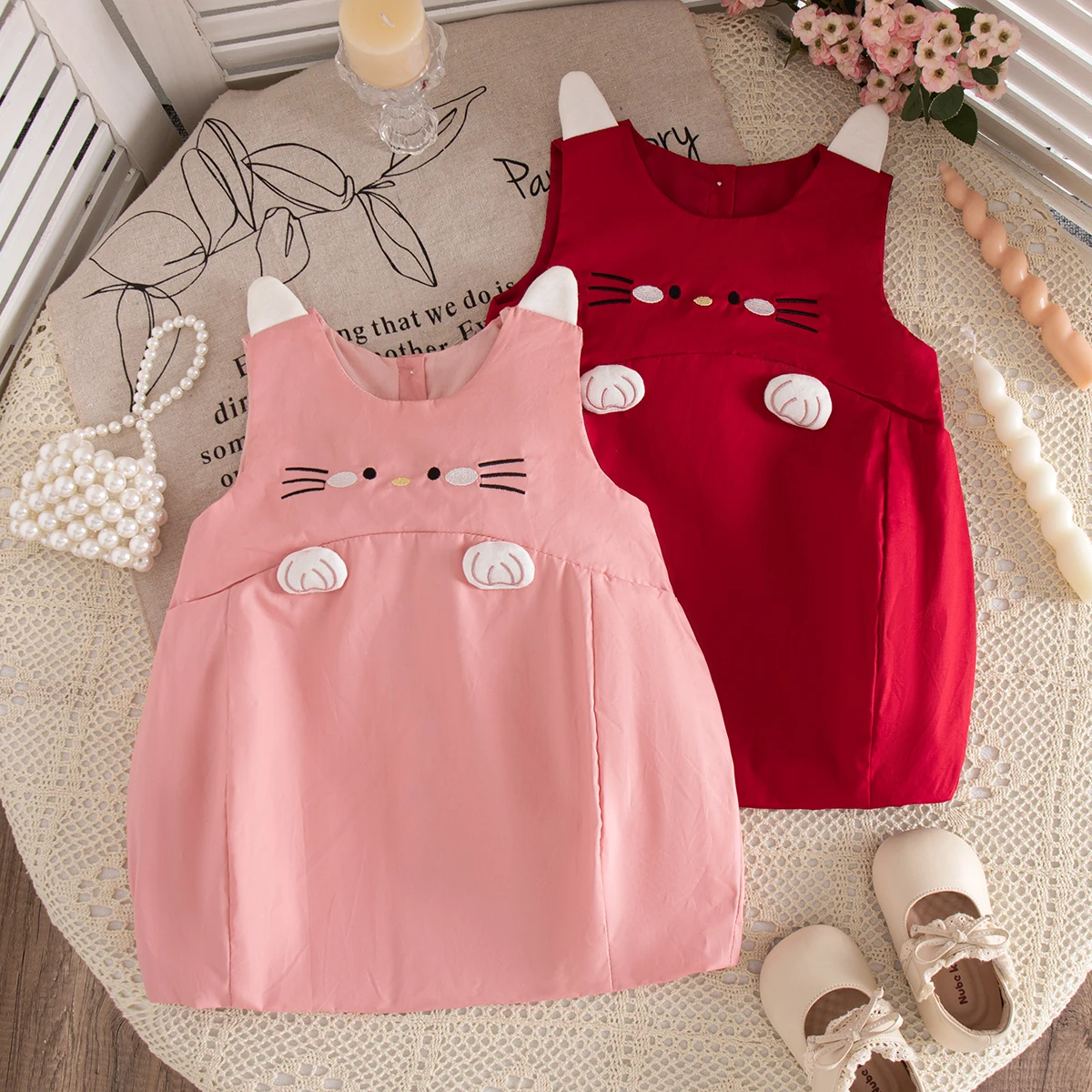 

Cartoon Cat Baby Girl Dress Summer New Solid Color Children'S Clothing (9 Months -3 Years Old)