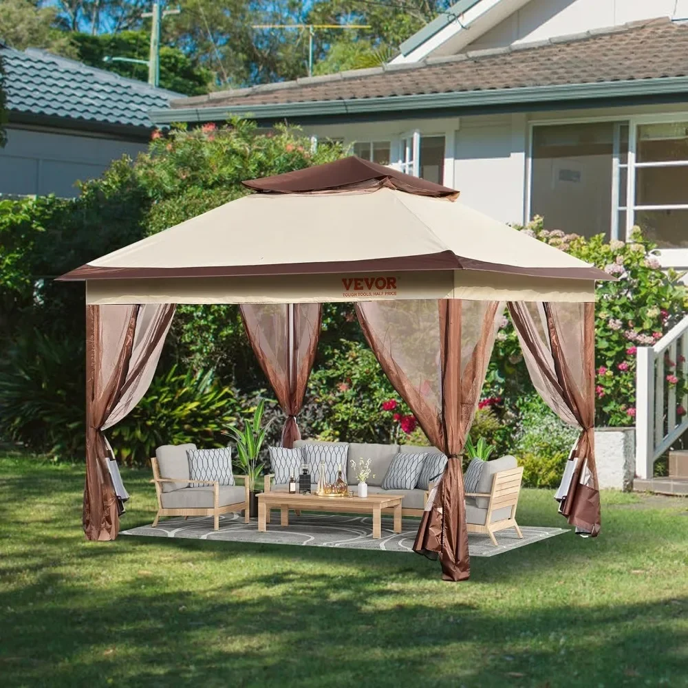 Pop-Up Prieel Voor 8-10 Personen, Met Klamboe, Metalen Frame & Pu Gecoat 250d Oxford Doek, Buiten Luifel Shelter, Bruin