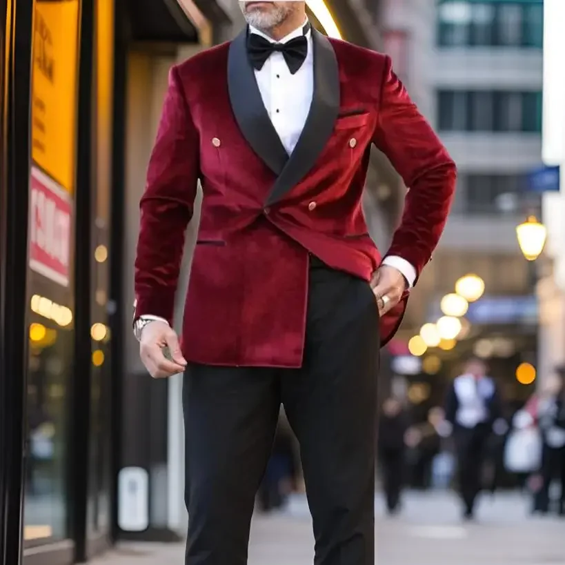 

Burgundy Men Suits Shawl Lapel Double Breasted Velvet Smoking Jacket Groom Tuxedo Casual Full Set 2 Pieces Blazer with Pants