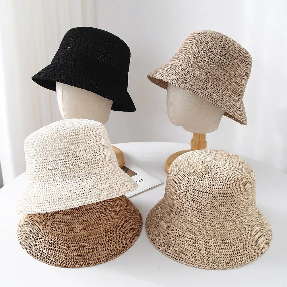 Damen Bucket Hat Sommer Ausgehöhlter Dünner Atmungsaktiver Sonnenhut Weibliche Strand Panama Kappe Faltbare Outdoor Japanische Freizeit Fischerhut