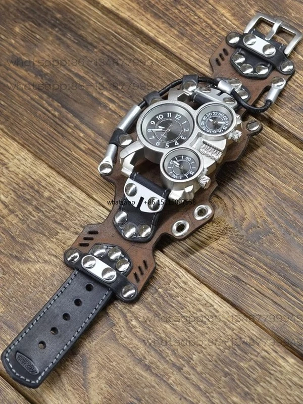 

Handmade Steampunk Rivet Multi-Dial Leather Cowhide Quartz Watch