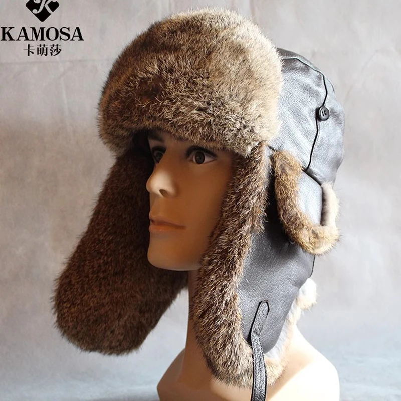 Winter Trapper Hat,Warm 100% Rabbit Fur Aviator Hat,Russian Trooper Sheepskin Hunting Hat Genuine Leather Ear Protection Cap