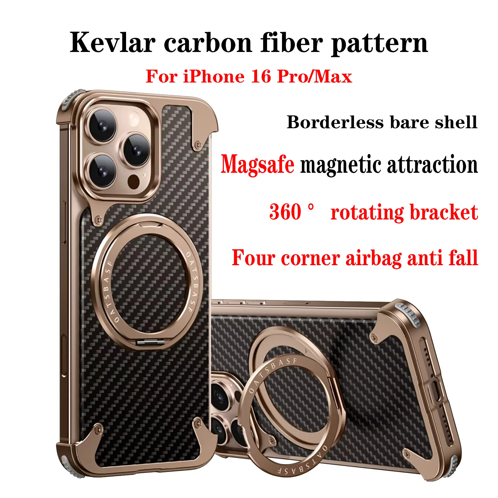 Kevlar Carbon Fiber Magsafe Frameless Bumper Case For iPhone 15 16 Pro Max 16 Pro Aluminum Alloy 360 ° Rotating Bracket Cover